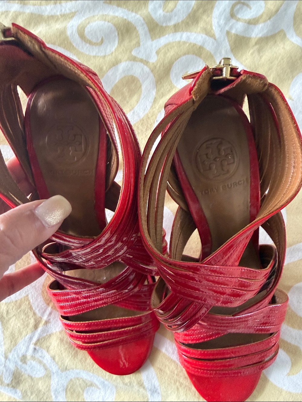 Tory Burch Red Strappy Leather Ankle-Heel Sandals